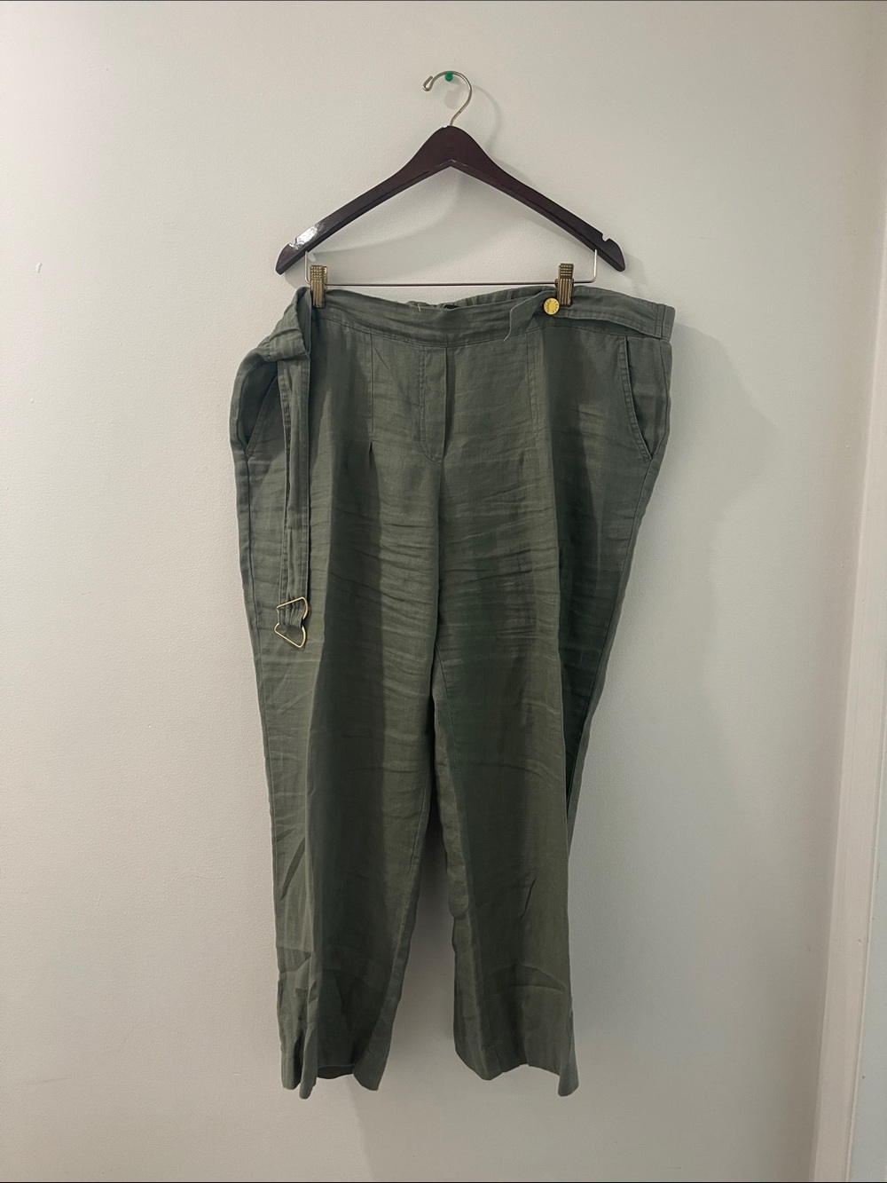Ellen Tracy Olive Green Linen-Blend Belted Chinos